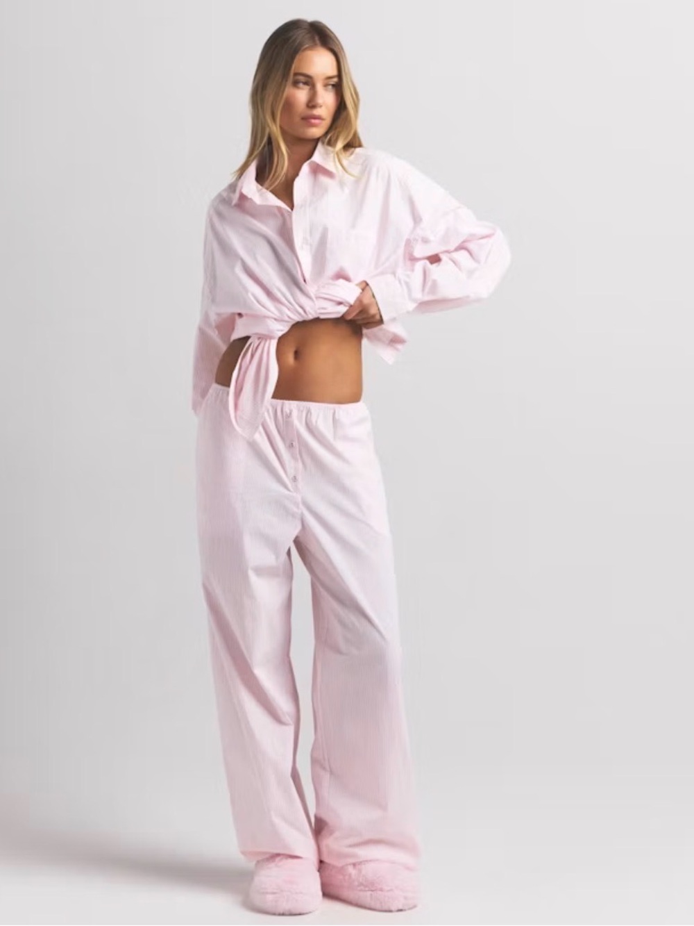 SKIMS Oversized Pale Pink Striped Cotton Poplin Pajama Set